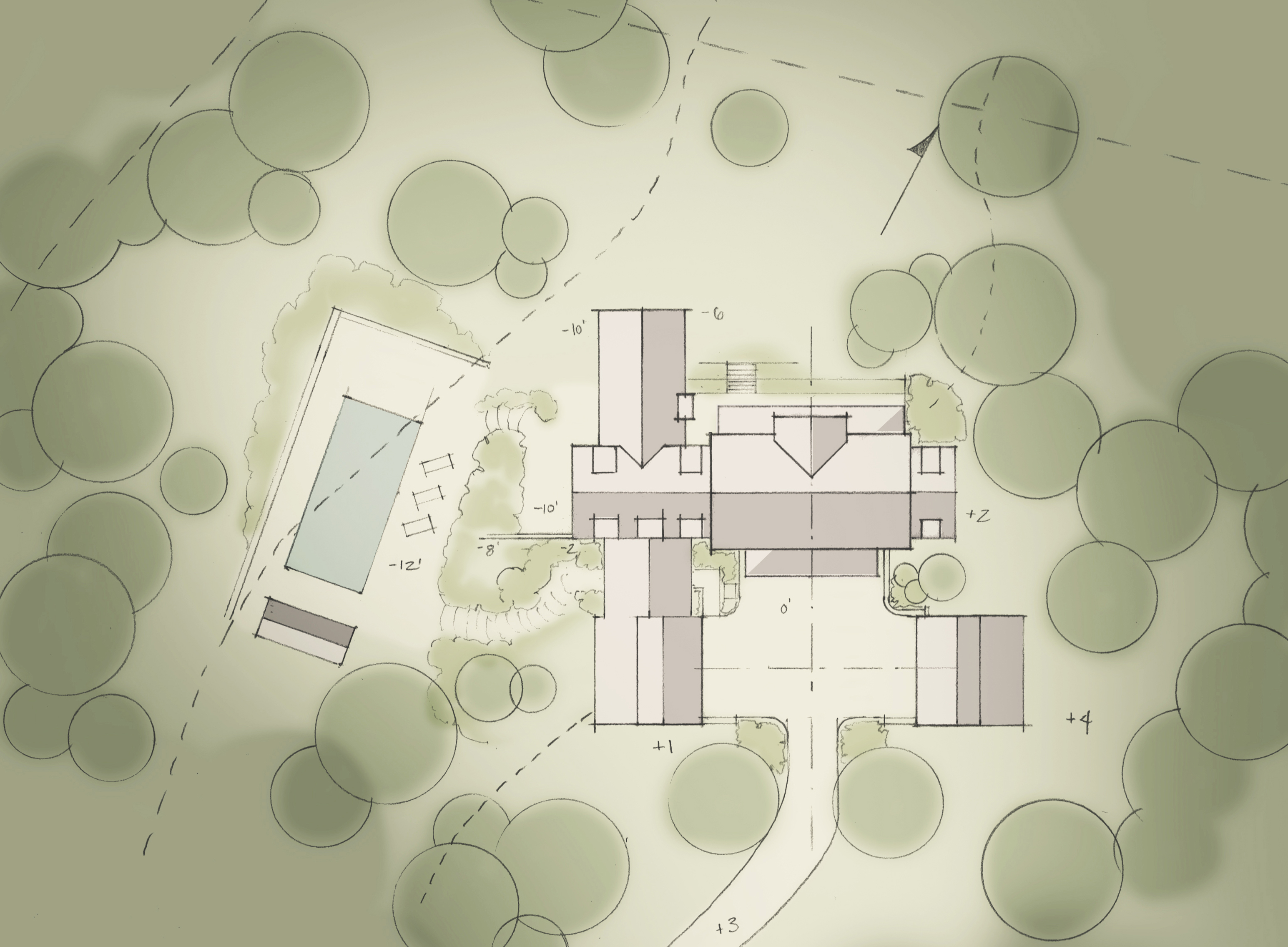 sketch colored site plan of modern farmhouse design