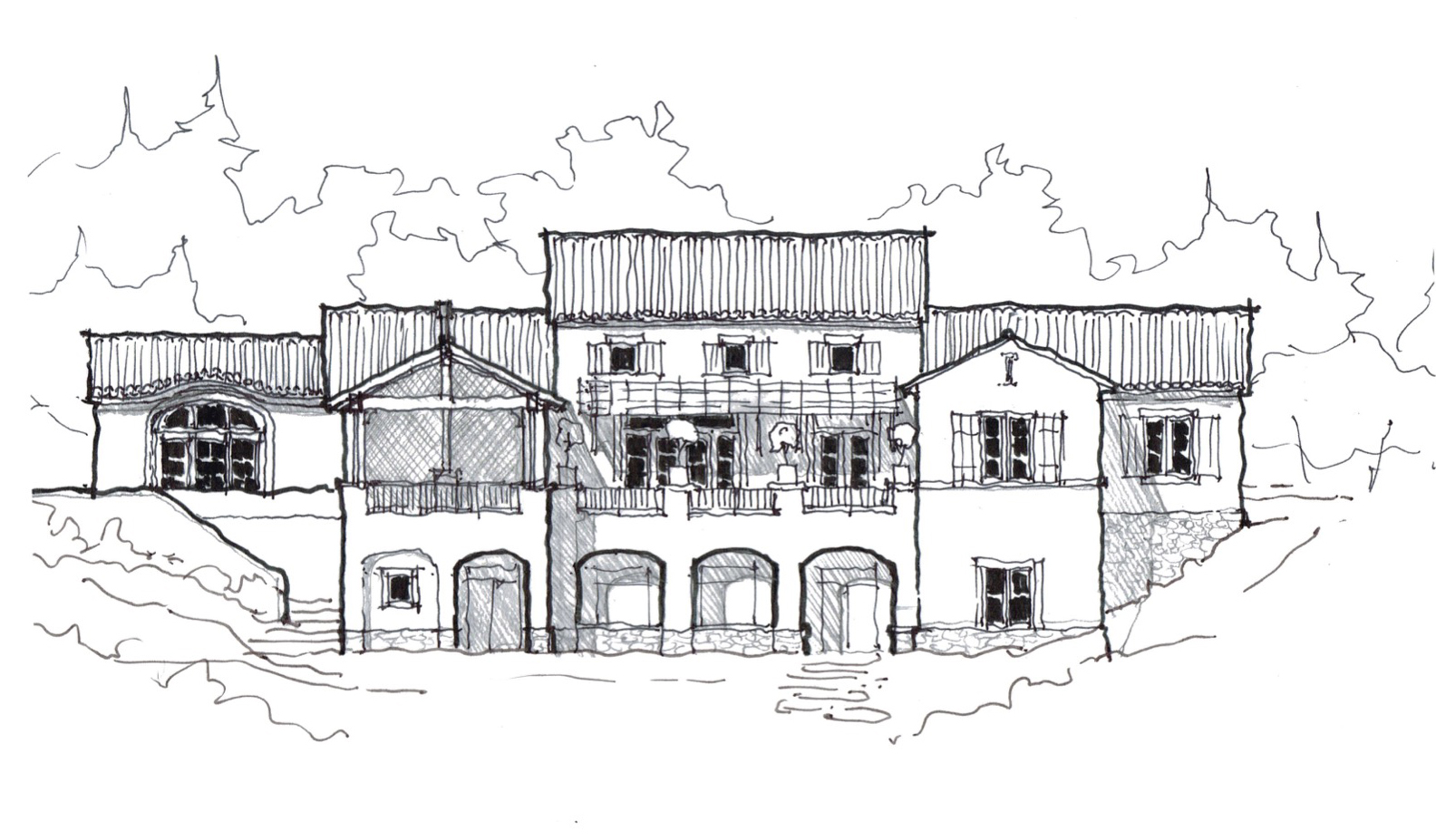 sketch of rear elevation of lake house